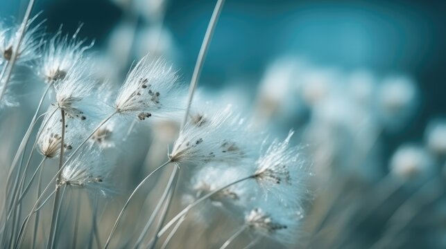 Makro von L&ouml;wenzahn im Wind vor gr&uuml;n blauem Hintergrund, Generative AI