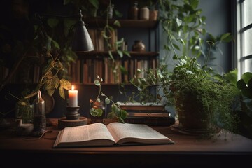 Fototapeta na wymiar Charming book corner with plant decor. Generative AI
