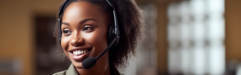 Call center, black woman and smile in contact us with CRM, headset with mic and mockup space. Customer service consultant, happy female and telemarketing with sales and help desk. Generative AI - obrazy, fototapety, plakaty