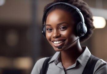 Call center, black woman and smile in contact us with CRM, headset with mic and mockup space. Customer service consultant, happy female and telemarketing with sales and help desk. Generative AI