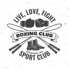 Boxing club badge, logo design. Vector illustration. For Boxing sport club emblem, sign, patch, shirt, template. Vintage monochrome label, sticker with with boxing jump rope, gloves and boxing shoes - obrazy, fototapety, plakaty