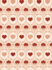 A seamless pattern in art deco style of hearts in red and beige. Suitable for paper, textiles, kidswear, washi tape, wallpapers , swimwear and more.