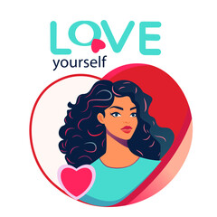 Self love concept, woman hugging herself. Love yourself. Love your body concept. Girl Healthcare Skincare. Take time for your self. Vector illustration. Woman hugging herself with hearts 