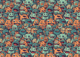 seamless pattern with cute little monsters , generative ai