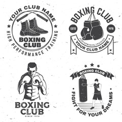 Set of Boxing club badge, logo design. Vector illustration. For Boxing sport club emblem, sign, patch, shirt, template. Vintage monochrome label, sticker with Boxer, gloves, boxing jump rope and shoes