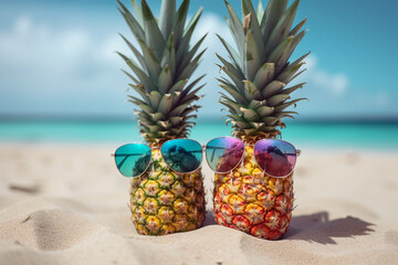Funny pineapples with sunglasses on the sand beach against turquoise sea. High quality photo