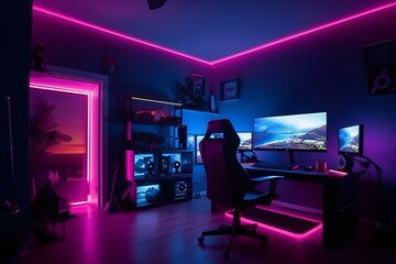 Gamer room with RGB lights, neon colors. Gamer Streamer space. Modern workspace with computer on the desk. Generative AI.