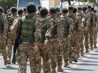 Marching armed soldiers in military camouflage uniform, back view