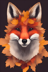Autumn portrait of a red fox on a dark background with autumn foxes and paraphernalia. The head of a beautiful forest animal. Smart look of a dodgy fox, a skillful predator and an elegant animal, gene
