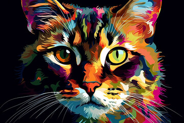 colorful funny cat on pop art style isolated black backround