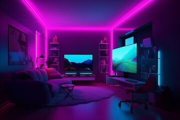 Gamer room with RGB lights, neon colors. Gamer Streamer space. Modern workspace with computer on the desk. Generative AI.