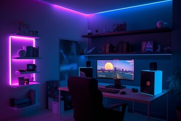 Gamer room with RGB lights, neon colors. Gamer Streamer space. Modern workspace with computer on the desk. Generative AI.