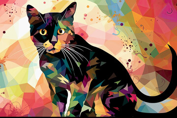 colorful funny cat on pop art style isolated black backround