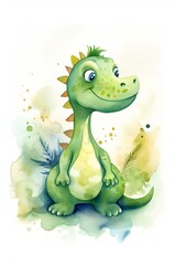 Fototapeta premium Watercolor cute baby dinosaur. Vector Illustration. Nursery Art. Wall Art. White Background. Generative AI