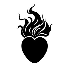 Burning heart. Love and passion. Symbol, sign, icon, silhouette, tattoo. Black. Isolated vector illustration.