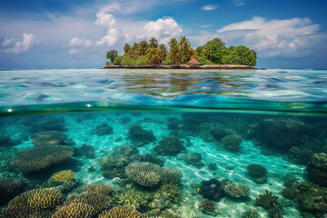 Tropical island and cristal clear water of maldives. Half underwater . High quality photo