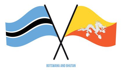 Botswana and Bhutan Flags Crossed And Waving Flat Style. Official Proportion. Correct Colors.