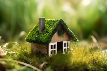 Fototapeta na wymiar Eco house. Green and environmentally friendly housing concept. Ecology concept. Miniature wooden house in spring grass, moss and ferns on a sunny day. generative ai