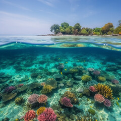 Naklejka na ściany i meble Tropical island and cristal clear water of maldives. Half underwater . High quality photo