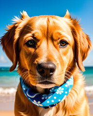 Chien vacancier.En vacances avec ses patrons. Concept chien heureux à la plage. Gros plan sur un chien avec un bandana autour du cou sur la plage.IA générative.