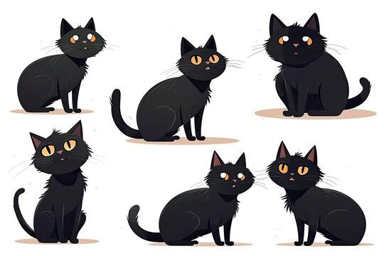 Funny black cat character in different poses isolated on a white background