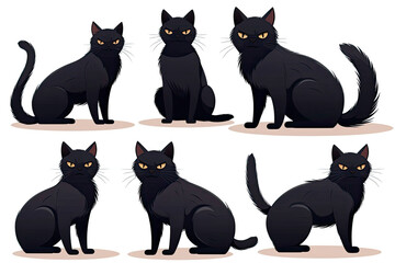 Fototapeta premium Funny black cat character in different poses isolated on a white background