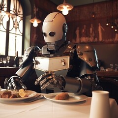 Fototapeta na wymiar A robot is dining in a restaurant