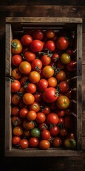 A wooden case of fresh tomatoes