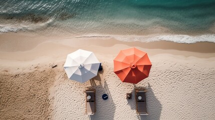 Chairs and umbrellas near the blue water on a sandy beach.