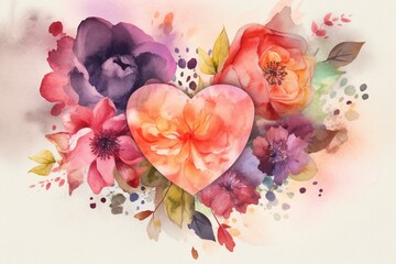 Watercolor card featuring colorful heart-shaped flowers for Valentine's Day or birthday. Generative AI