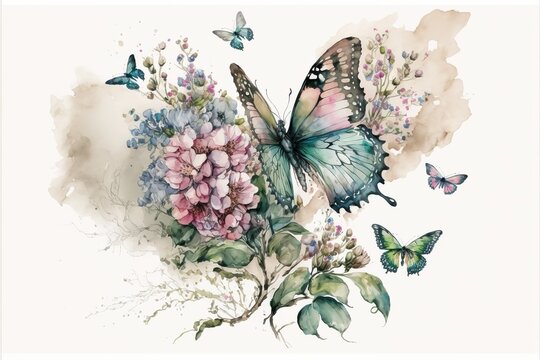 Watercolor painting of butterfly and flower garden in isolated background, Spring floral and beautiful insect on petal and pollen concept. Superb Generative AI.