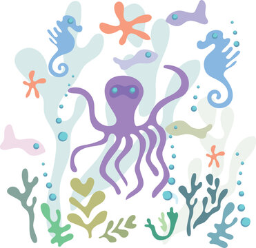 Lilac octopus in the underwater world among corals, starfish and seahorses. Vector image.