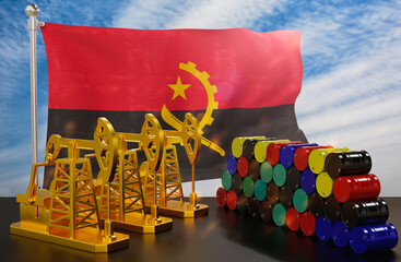 The Angola's petroleum market. Oil pump made of gold and barrels of metal. The concept of oil production, storage and value. Angola flag in background.  3d Rendering.