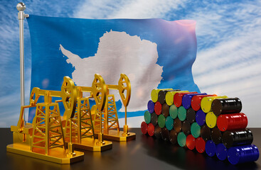 The Antarctica's petroleum market. Oil pump made of gold and barrels of metal. The concept of oil production, storage and value. Antarctica flag in background.  3d Rendering.