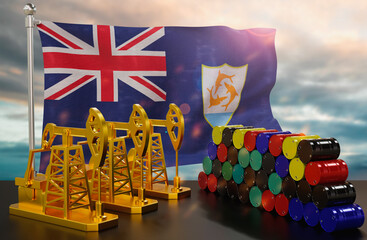 The Anguilla's petroleum market. Oil pump made of gold and barrels of metal. The concept of oil production, storage and value. Anguilla flag in background.  3d Rendering.