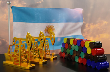 The Argentina's petroleum market. Oil pump made of gold and barrels of metal. The concept of oil production, storage and value. Argentina flag in background.  3d Rendering.