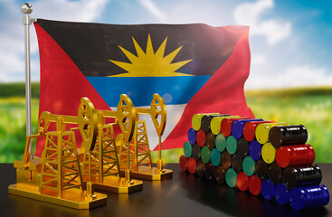 The Antigua and Barbuda's petroleum market. Oil pump made of gold and barrels of metal. The concept of oil production, storage and value. Antigua and Barbuda flag in background.  3d Rendering.