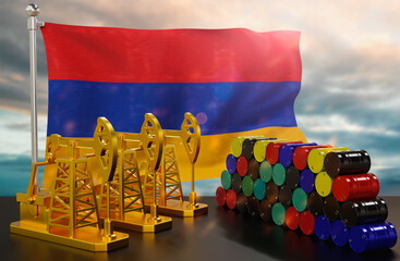 The Armenia's petroleum market. Oil pump made of gold and barrels of metal. The concept of oil production, storage and value. Armenia flag in background.  3d Rendering.