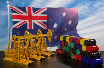 The Australia's petroleum market. Oil pump made of gold and barrels of metal. The concept of oil production, storage and value. Australia flag in background.  3d Rendering.