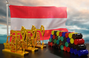 The Austria's petroleum market. Oil pump made of gold and barrels of metal. The concept of oil production, storage and value. Austria flag in background.  3d Rendering.
