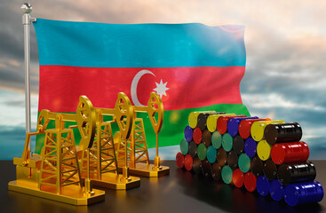 The Azerbaijan's petroleum market. Oil pump made of gold and barrels of metal. The concept of oil production, storage and value. Azerbaijan flag in background.  3d Rendering.