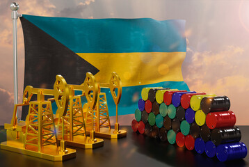 The Bahamas's petroleum market. Oil pump made of gold and barrels of metal. The concept of oil production, storage and value. Bahamas flag in background.  3d Rendering.