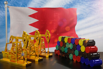 The Bahrain's petroleum market. Oil pump made of gold and barrels of metal. The concept of oil production, storage and value. Bahrain flag in background.  3d Rendering.