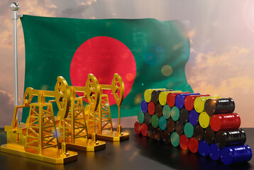The Bangladesh's petroleum market. Oil pump made of gold and barrels of metal. The concept of oil production, storage and value. Bangladesh flag in background.  3d Rendering.