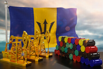The Barbados's petroleum market. Oil pump made of gold and barrels of metal. The concept of oil production, storage and value. Barbados flag in background.  3d Rendering.
