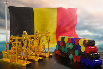 The Belgium's petroleum market. Oil pump made of gold and barrels of metal. The concept of oil production, storage and value. Belgium flag in background.  3d Rendering.