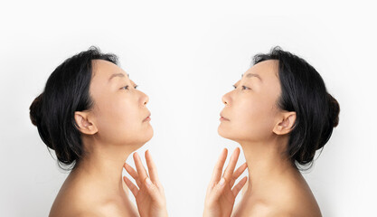 Part of face, Asian woman with double and perfect chin isolated on white background Beauty concept.