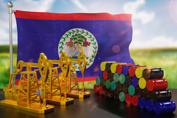 The Belize's petroleum market. Oil pump made of gold and barrels of metal. The concept of oil production, storage and value. Belize flag in background.  3d Rendering.