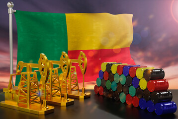 The Benin's petroleum market. Oil pump made of gold and barrels of metal. The concept of oil production, storage and value. Benin flag in background.  3d Rendering.