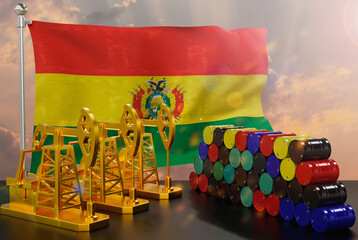 The Bolivia's petroleum market. Oil pump made of gold and barrels of metal. The concept of oil production, storage and value. Bolivia flag in background.  3d Rendering. - obrazy, fototapety, plakaty